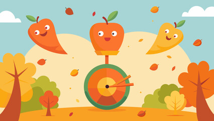 Fototapeta premium Funny autumn illustration with smiling fruits and speedometer surrounded by falling leaves and colorful trees