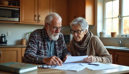 Senior couple reviews estate planning documents at kitchen table. Surrounded by personal finance books, discuss retirement preparation, legal advice, financial security. Mature adults make important