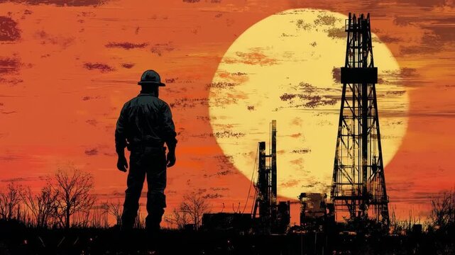 Oil worker watching sunset at drilling rig