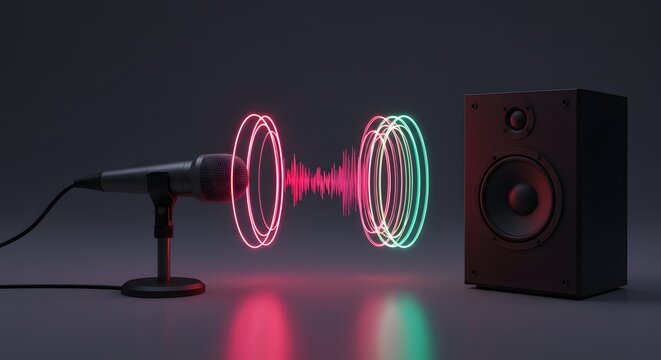 A sound wave feedback loop between a speaker and microphone, a metaphor for a vicious cycle, uncontrolled escalation, and runaway chaos