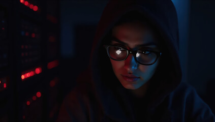 Young woman wearing glasses and hoodie working at night in server room, illuminated by red and blue lights, focused and determined, technology and cybersecurity concept