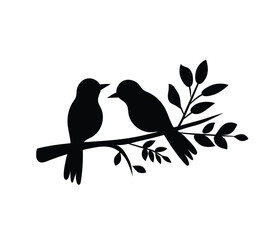 Birds on Branch Vector, Wall Decals, Birds Couple in Love, Birds Silhouette on branch and Hearts Illustrations isolated on white background .Art Decoration, Wall Decor