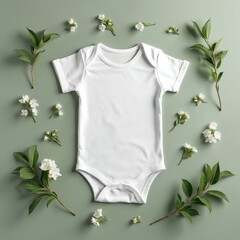 Flat lay of blank white cotton baby onesie on sage color tablecloth. Small white flowers, leaves surround bodysuit. Mockup for baby apparel design. Template for sublimation print. Cute unisex clothes.