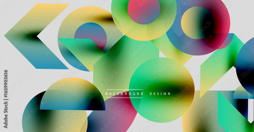 Poster abstract geometric shapes overlap, creating vibrant colorful gradients. modern design elements sugge