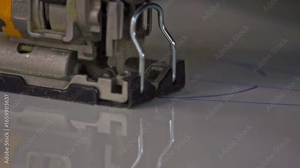 Poster jigsaw follows pattern line cutting reflective material in precision closeup view