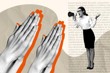 Full 3d zine pop trend image collage of angry girl scream megaphone hands show pray gesture...