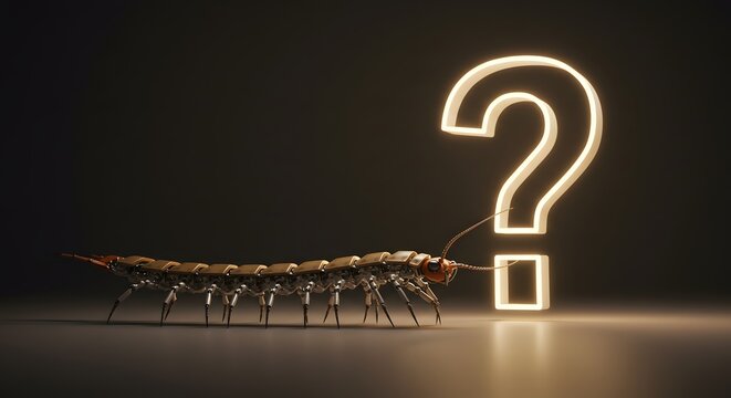 A clockwork centipede is paralyzed by a question mark, a powerful metaphor for analysis paralysis, overthinking, and self-consciousness