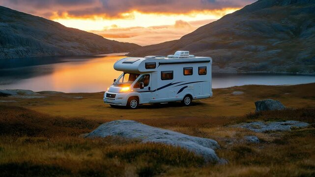 A motorhome is parked beside a tranquil lake as the sun sets behind the mountains, creating a picturesque outdoor camping atmosphere