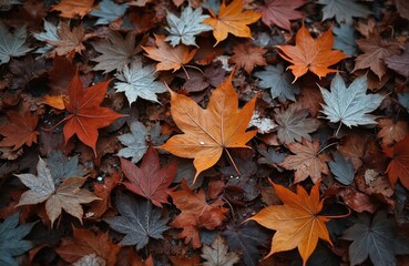 Close-up of fallen autumn leaves forming textured carpet on ground. Features vibrant orange, red, brown, muted blue hues. Wet surface detail, organic pattern, natural decay, seasonal transition.