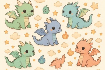 Fototapeta premium Cute baby dragons with stars.