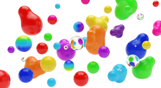 Vibrant array of colorful, playful 3D spheres and organic shapes on black backdrop