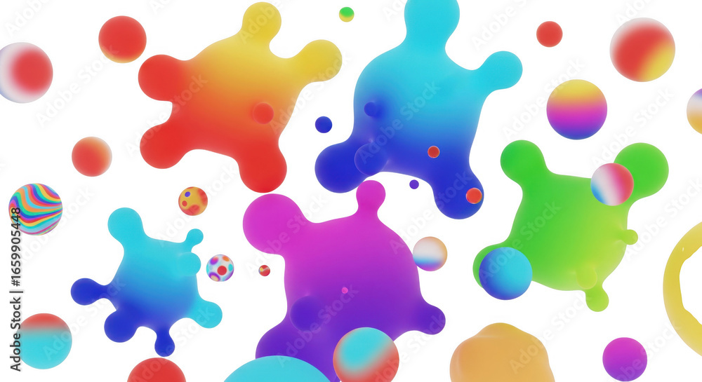 Poster dynamic abstract background featuring vibrant fluid shapes and colorful spheres