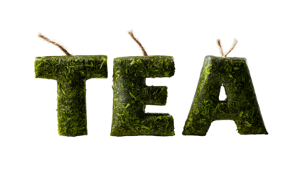 Green tea leaves form the word tea isolated on transparent background