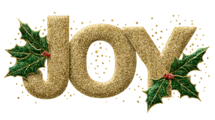 Golden glittering joy letters with holly and berries isolated on transparent background