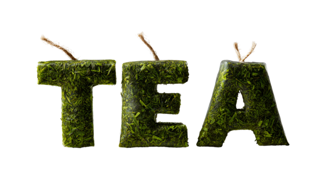 Green tea leaves form the word tea isolated on transparent background