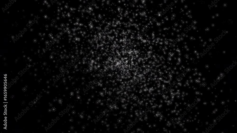Poster beautiful loop floating moving white snowflakes particles animation on black abstract background.