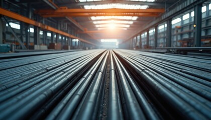Naklejka premium Rows of steel rebar fill large warehouse, illuminated by sunlight streaming through roof. Industrial scene shows raw materials ready for construction, engineering, manufacturing projects. Heavy-duty