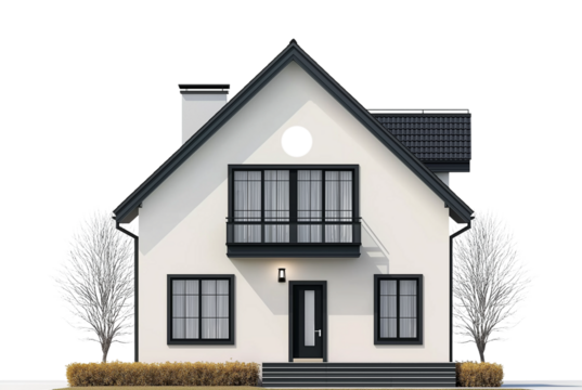 A simple two-story house with black windows, white walls and roof, white background