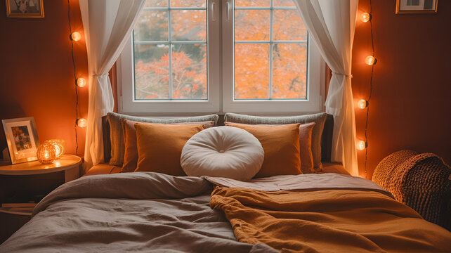 Cozy bedroom interior with autumn colors warm lights and comfortable bedding promoting relaxation and peaceful rest for a perfect escape