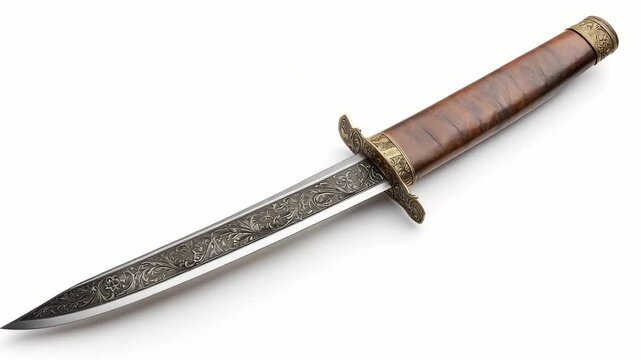 A beautifully crafted dagger with detailed engravings and a polished wooden handle lies prominently against a simple backdrop