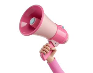 A pink megaphone held in an isometric style, set against a white background