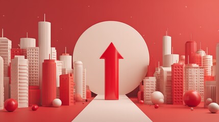 A modern city skyline with a prominent upward arrow symbolizing growth and progress.