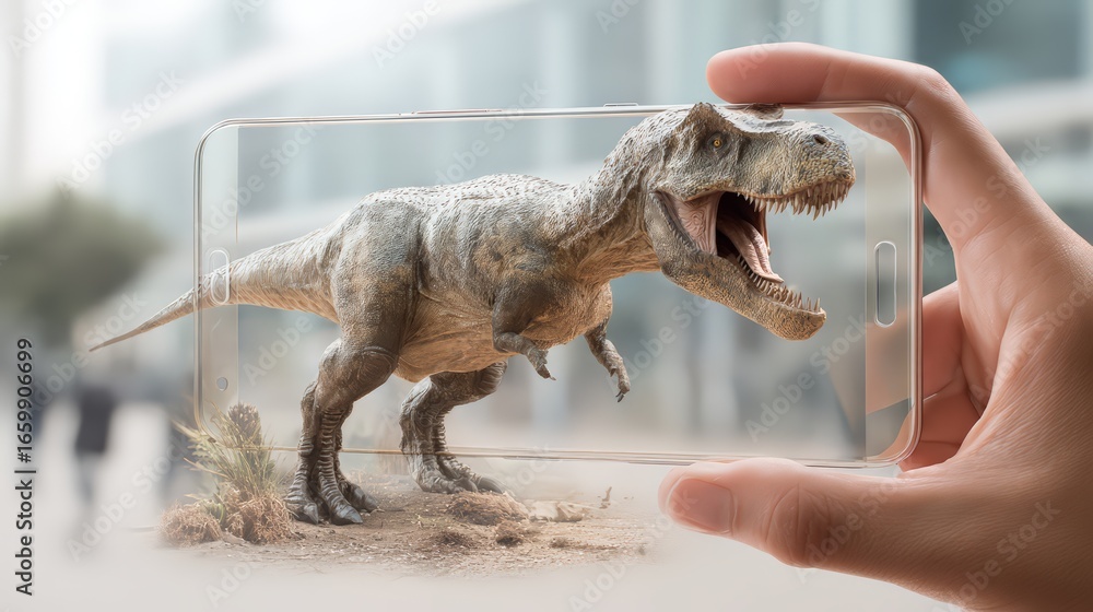Poster a person interacts with an augmented reality dinosaur on a smartphone in a modern setting.