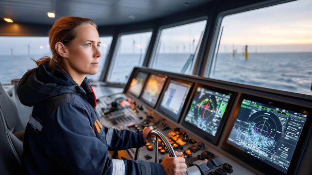 Female captain steering ship toward offshore wind farm at sunset