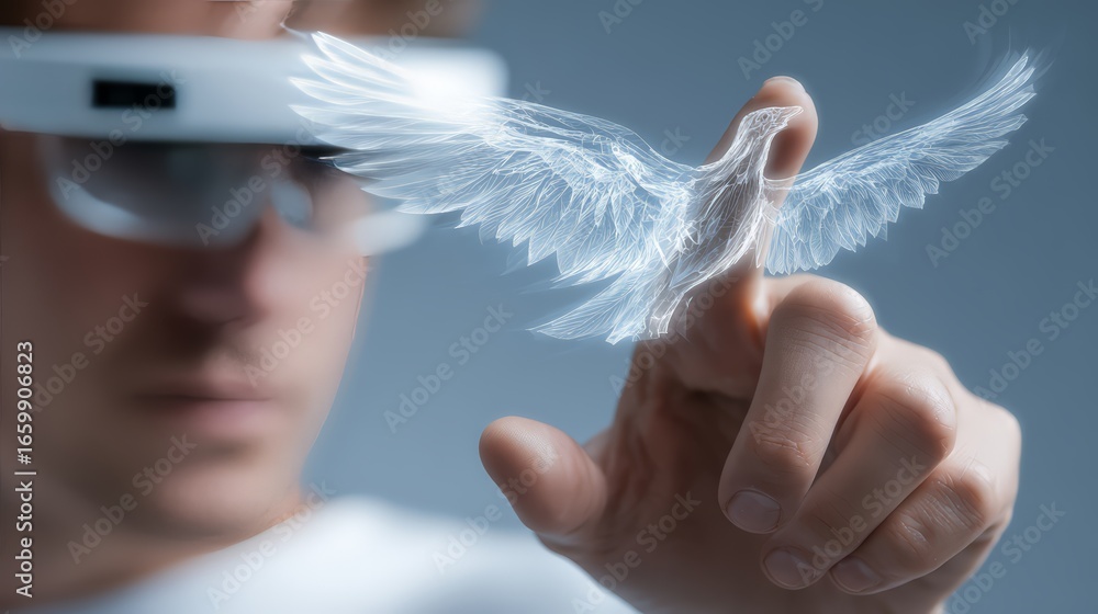 Poster a person using augmented reality glasses to interact with a holographic bird.