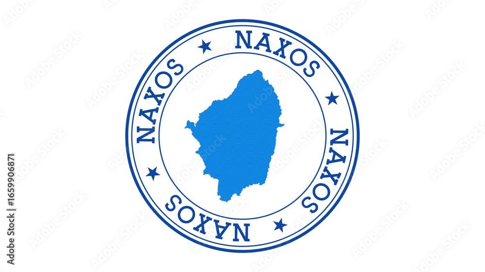 Poster naxos intro. badge with the circular name and map of island. naxos round logo animation.