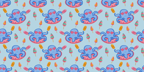 Playful seamless pattern featuring cheerful octopuses and colorful ice cream treats