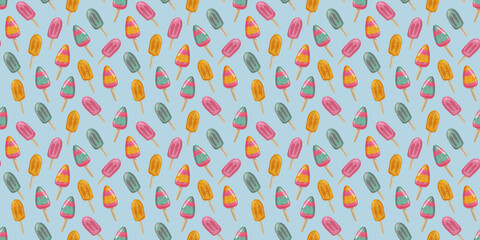 Colorful seamless fabric pattern with ice cream popsicles and a pastel background