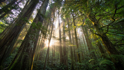 Obraz premium Serene Sunlight Filtering Through Ancient Redwood Forest Canopy