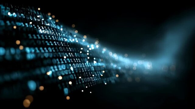 blue binary digits flowing in a digital stream, representing coding, data transfer, and technology. Perfect for illustrating programming, cybersecurity, and futuristic tech concepts