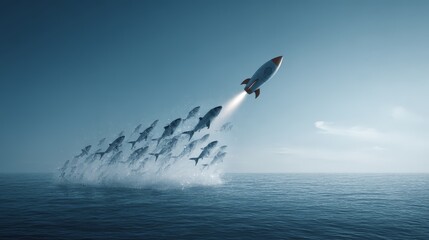 Fototapeta premium A rocket launching from the ocean, showcasing innovation and technological advancement.