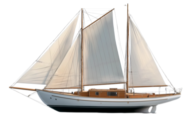 A modern wooden sailboat with two masts and three sails on the front, against a white background,