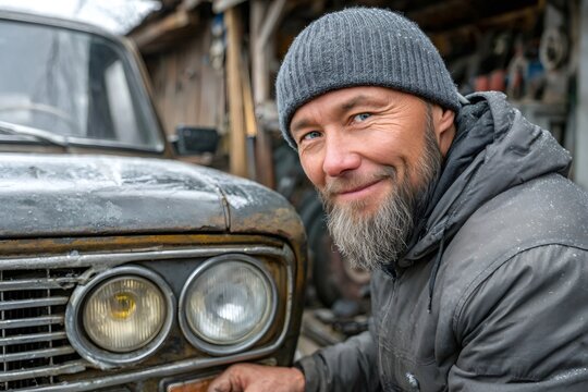 Happy mechanic fixing old car in winter, smiling bearded man repairing vehicle outdoors