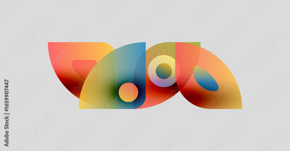 Poster abstract colorful shapes overlap, creating vibrant visual composition. soft gradients blend hues, fo