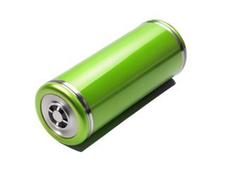 Closeup of a green aa battery isolated on transparent background, showcasing its cylindrical shape, metal terminals, and potential for renewable energy