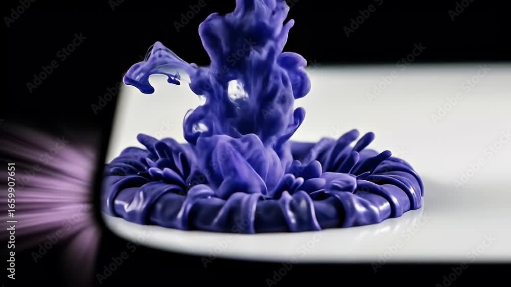 Poster ink dropping and dissolving in water creating abstract purple shapes
