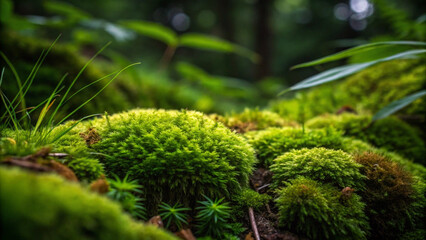 Lush Green Moss Covering Forest Floor with Soft Bokeh Background nature