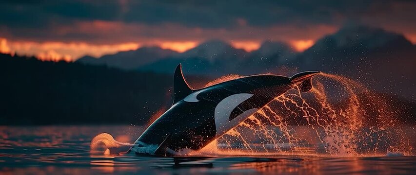 Anamorphic video orca whale breaching at sunset with a fiery orange glow