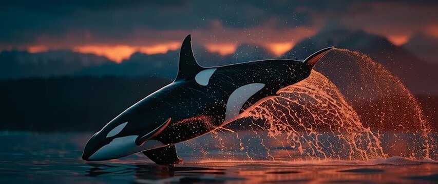 Anamorphic video orca whale breaching at sunset with a fiery orange glow