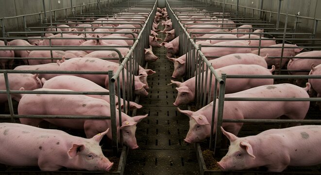 Pigs in pens at pig farm