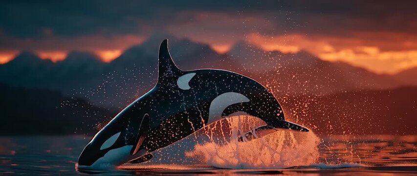Anamorphic video orca whale breaching at sunset with a fiery orange glow