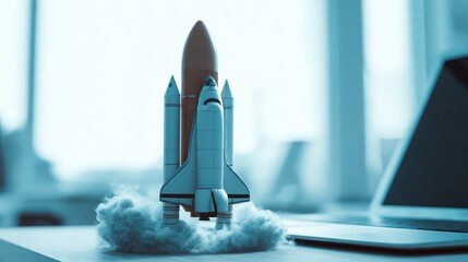 A toy rocket launching on a desk, symbolizing innovation and exploration in technology.