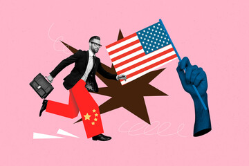Creative 3D photo collage trend template of young man wear china pants run usa flag economy crisis...