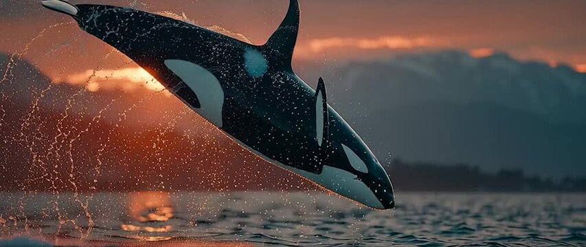 Anamorphic video orca whale breaching at sunset with a fiery orange glow