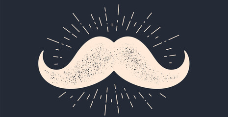Black mustache. Silhouette black vintage moustache isolated, white background. Symbol of Fathers day, sign Barber Shop, illustration Movember. Vintage mustache sun rays sunburst. Vector illustration