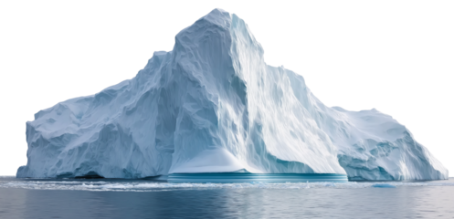 A massive, towering iceberg floating in the cold waters of Antarctica, isolated on a white background